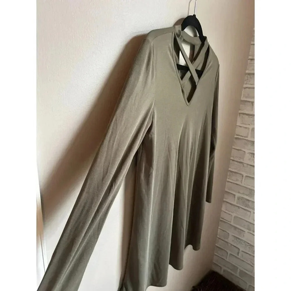 Altar'd State Sage Army Green Criss-Cross Neck Shift Swing Long Sleeve Dress - Picture 6 of 9